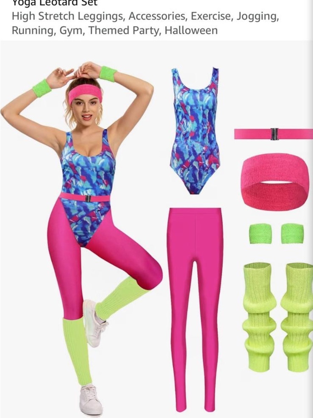 Amazon Hot Pink Leggings with Blue Patterned Leotard and Lime Green Accents